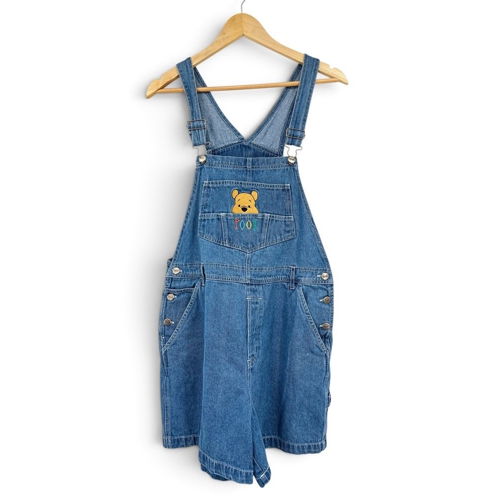 Disney Winnie the Pooh Denim Shortalls Womens Large Blue Cotton Overalls Vintage